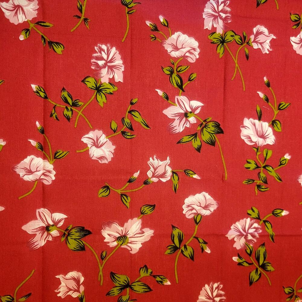 Cotton Fabric Pink Flowers Green Leaves Deep Rose Background 1yd x 44" Unbranded